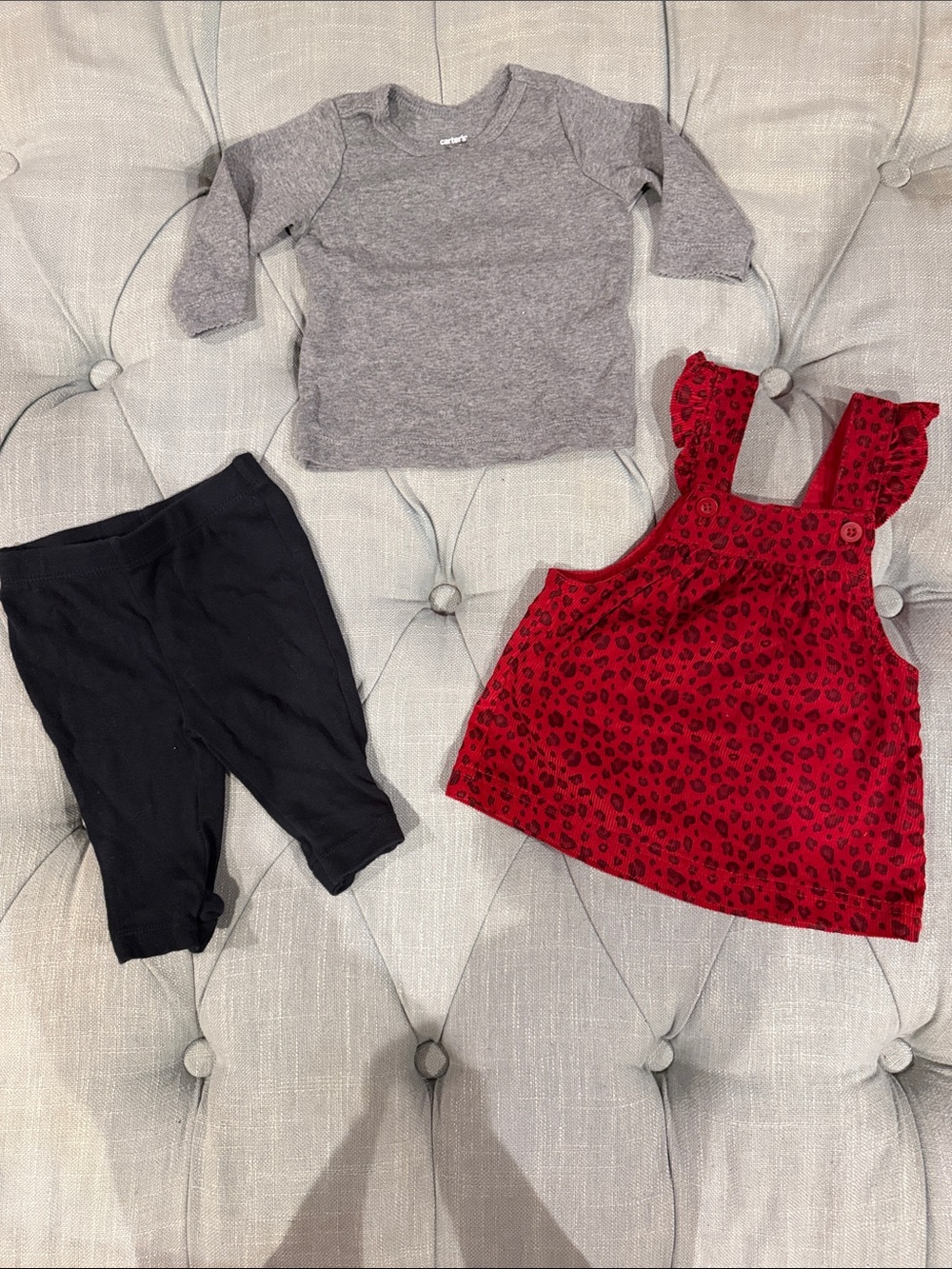 Carter's Red Leopard Print Pinafore Dress with Gray Top and Black Leggings